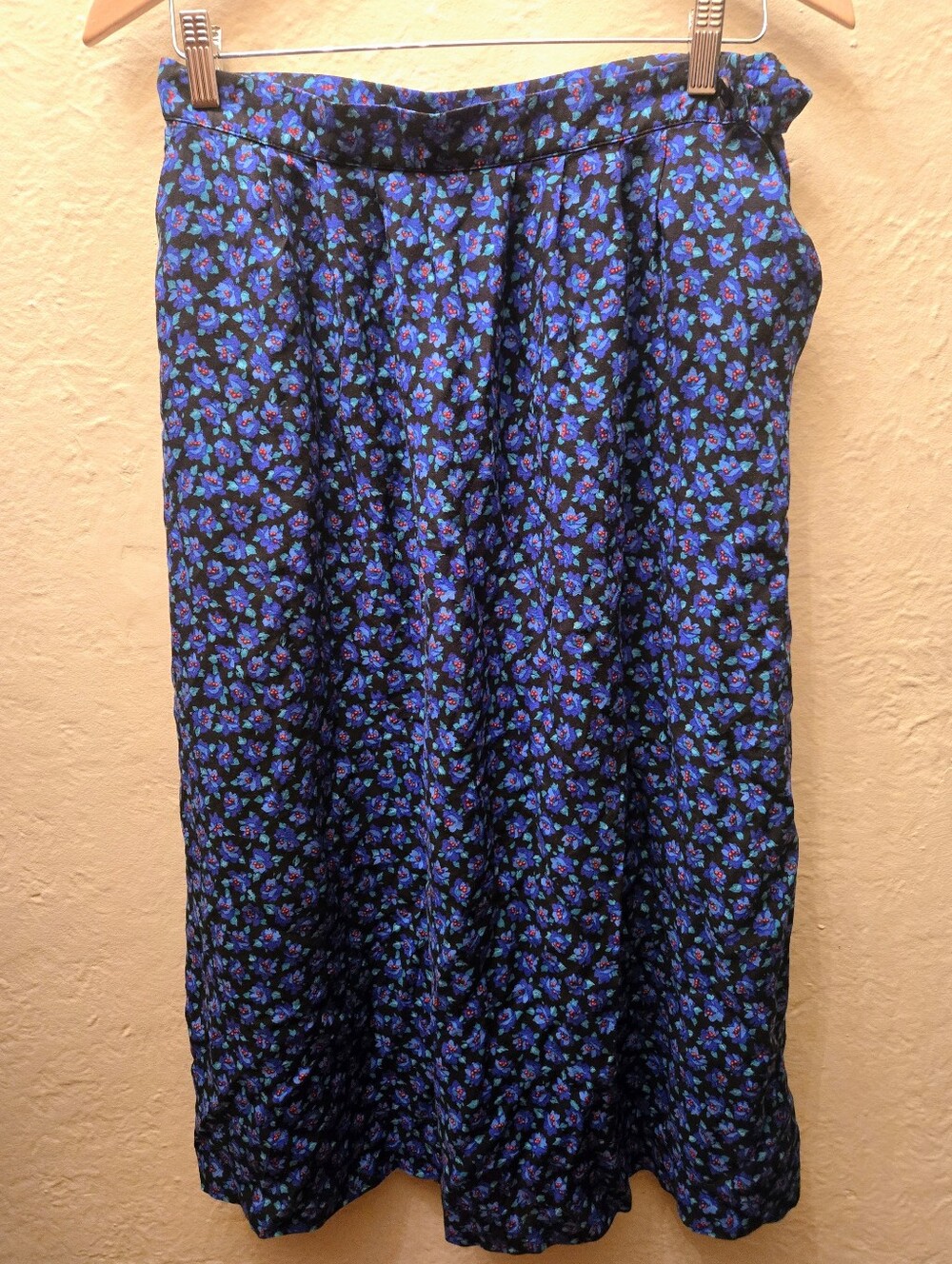 Vintage F. Sley Floral Midi Skirt Blue Black Made in USA Cottagecore Secretary